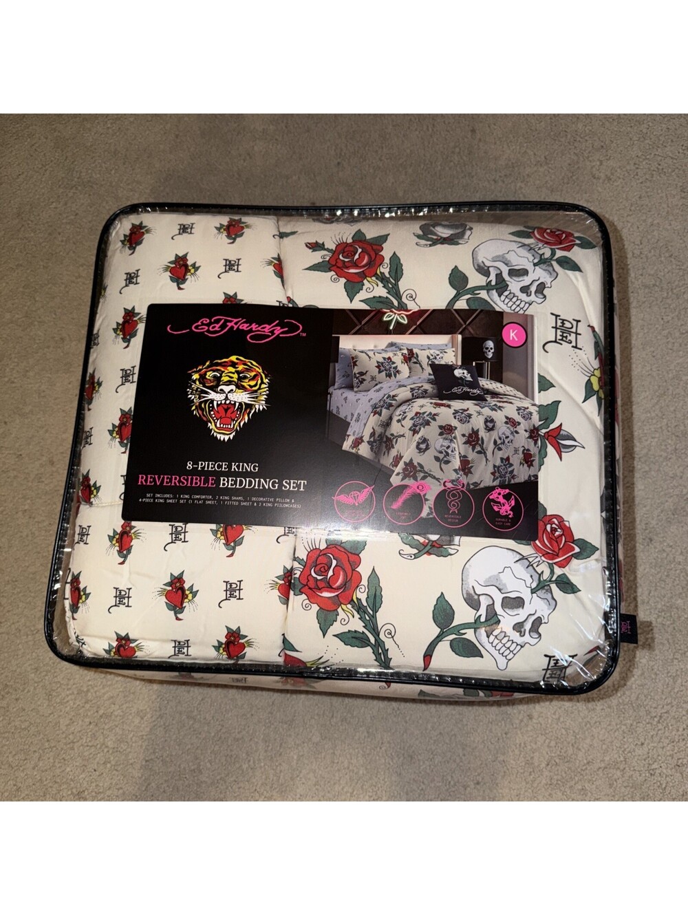 Ed Hardy Reversible w/Skulls &Roses 8pc KING Set Comforter,Shams,Sheets set